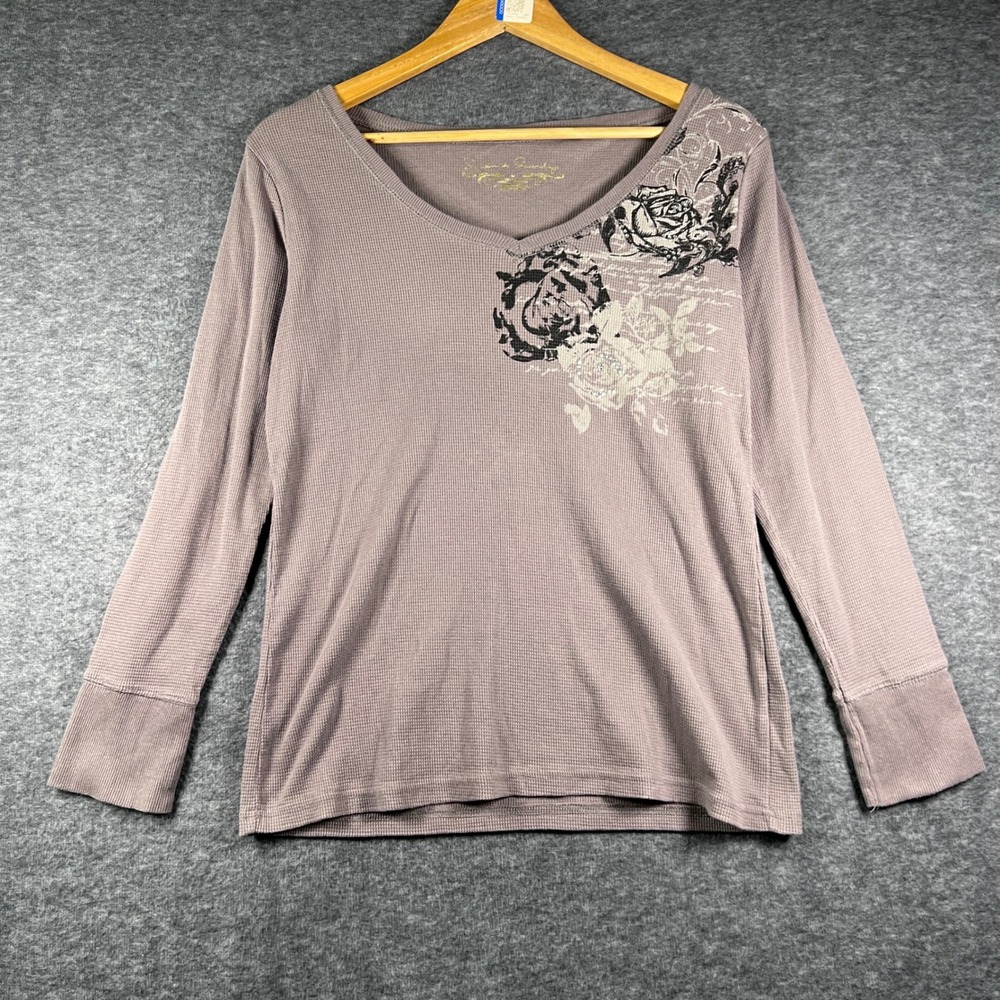 Y2K‎ Waffle Knit Floral Graphic V-Neck Thermal Top Large